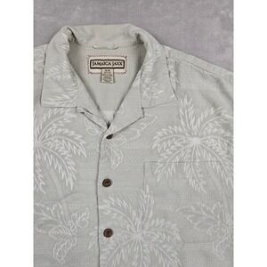 Jamaica Jaxx Hawaiian Shirt Mens Medium Gray Silk Palm Tree Jacquard Beach